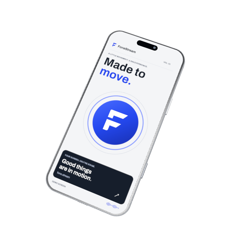 FoneStream demo screen on a tilted 3D phone